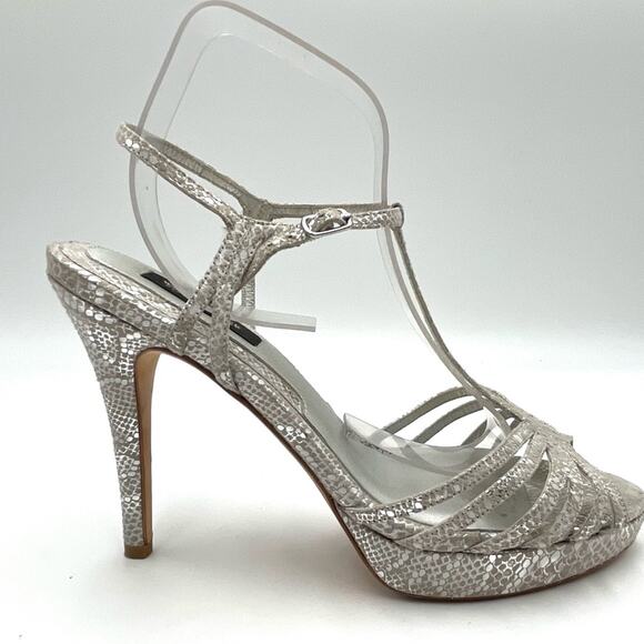 WHITE HOUSE BLACK MARKET ELIZABETH strappy heel sandals silver  fabric upper  9 - Picture 10 of 11
